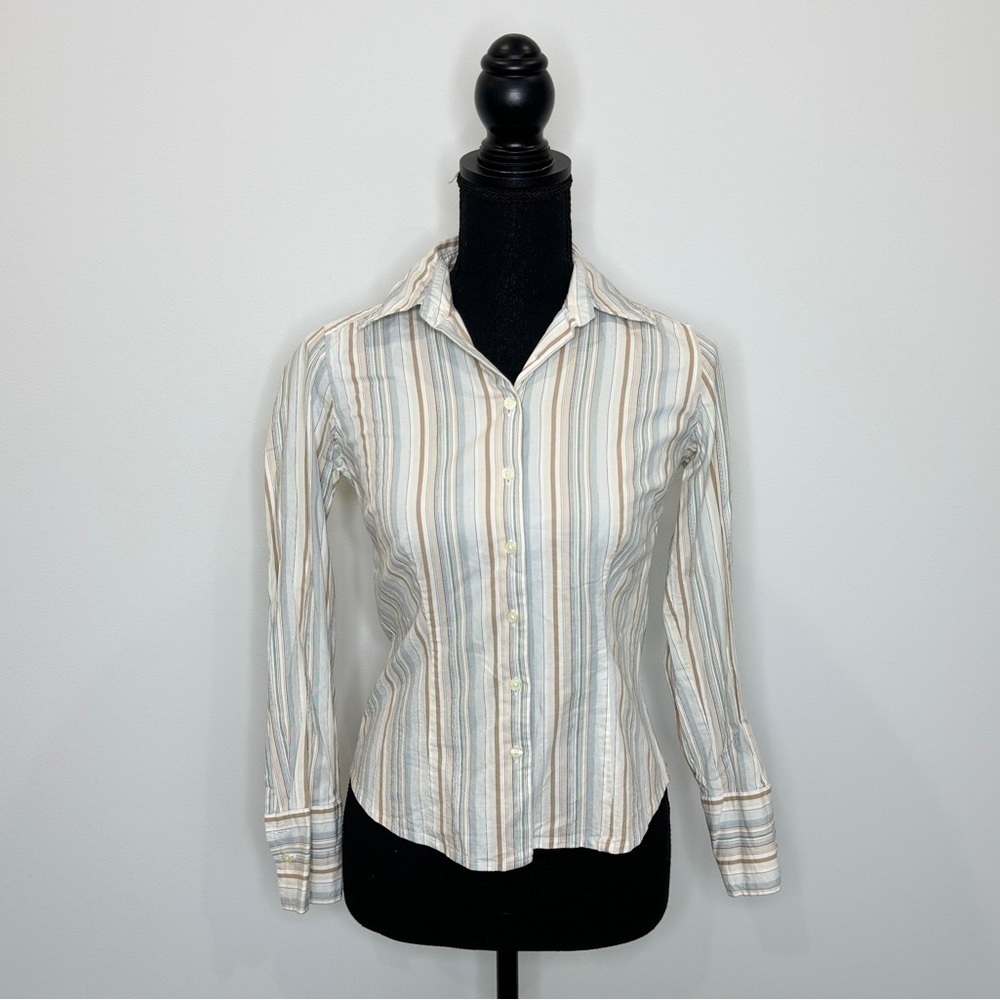 Ann Taylor Petite Striped Long Sleeve Button Up (0P)